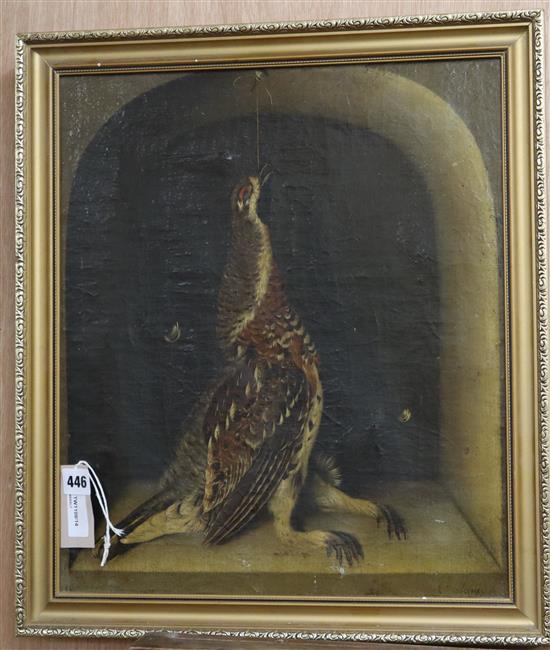 Continental School (19th century), oil on canvas, still life of a dead partridge, indistinctly signed, 44 x 38cm